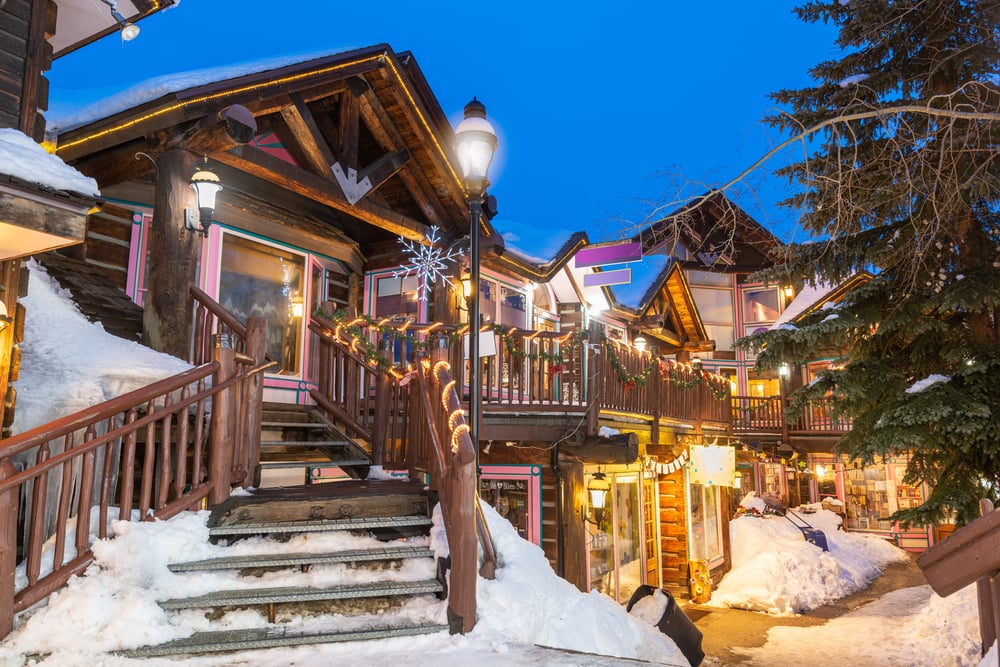 Downtown Breckenridge lit up with Christmas lights