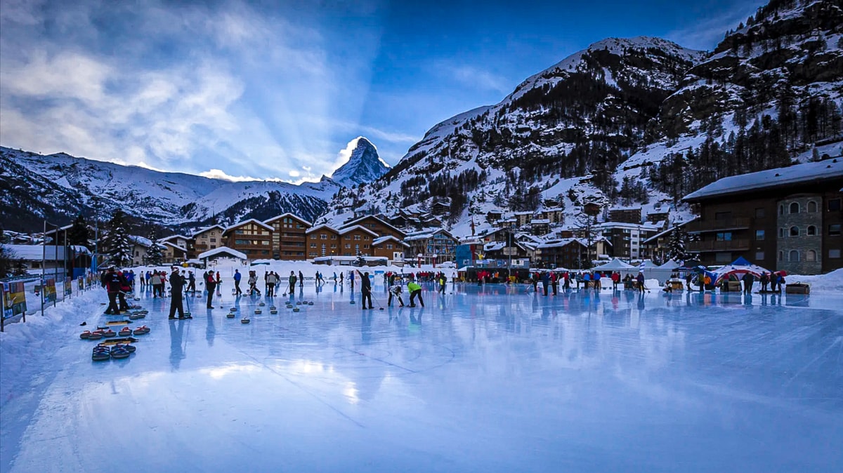 Outdoor ice rink in winter in Zermatt, Switzerland 