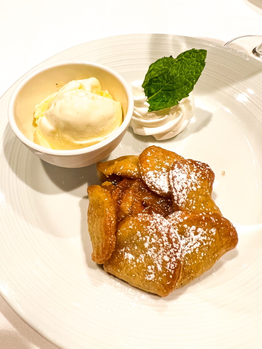 My favorite Royal Caribbean Main Dining Room dessert, Apple Blossom à la Mode 