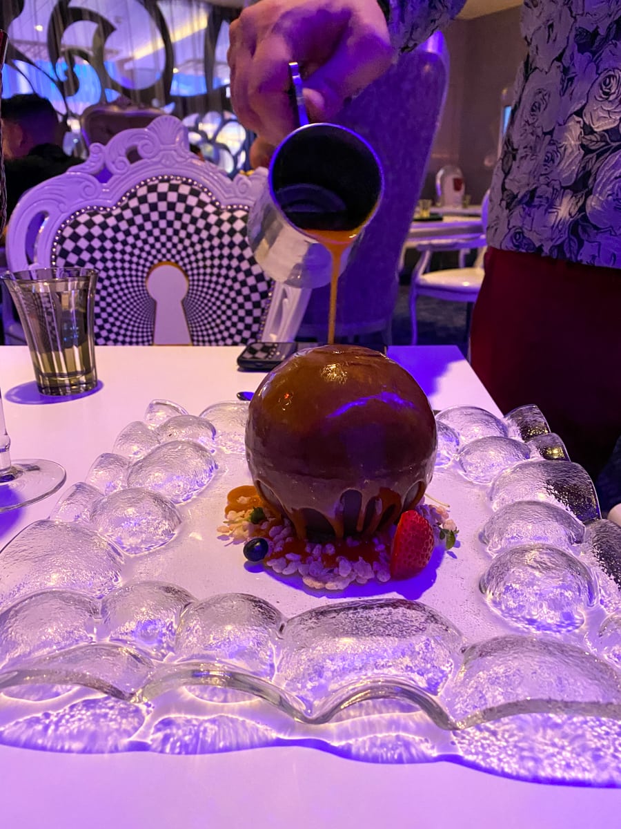 An innovative dessert at Wonderland cruise ship restaurant