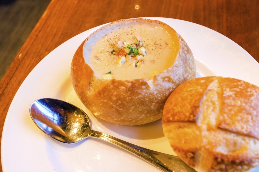 Clam chowder served in a sourdough bowl 