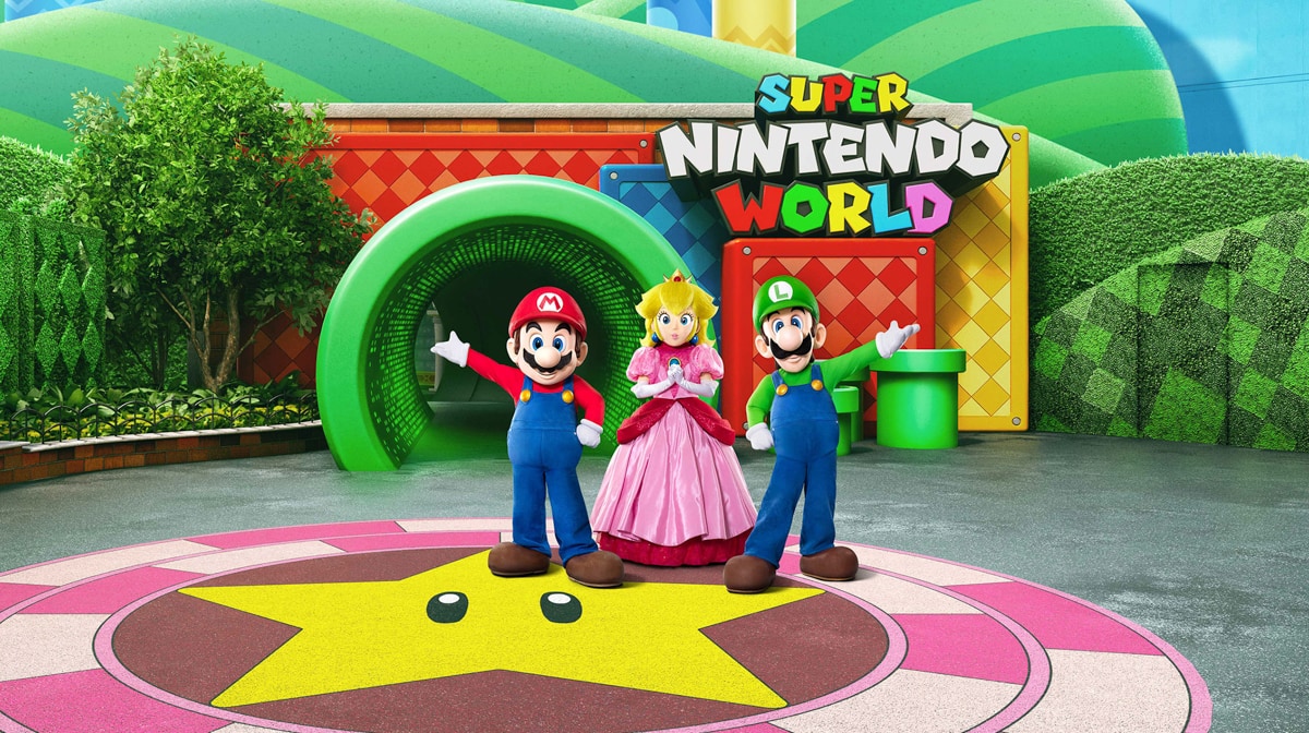 Mario, Princess Peach, and Luigi in Super Nintendo World in Universal Studios Hollywood