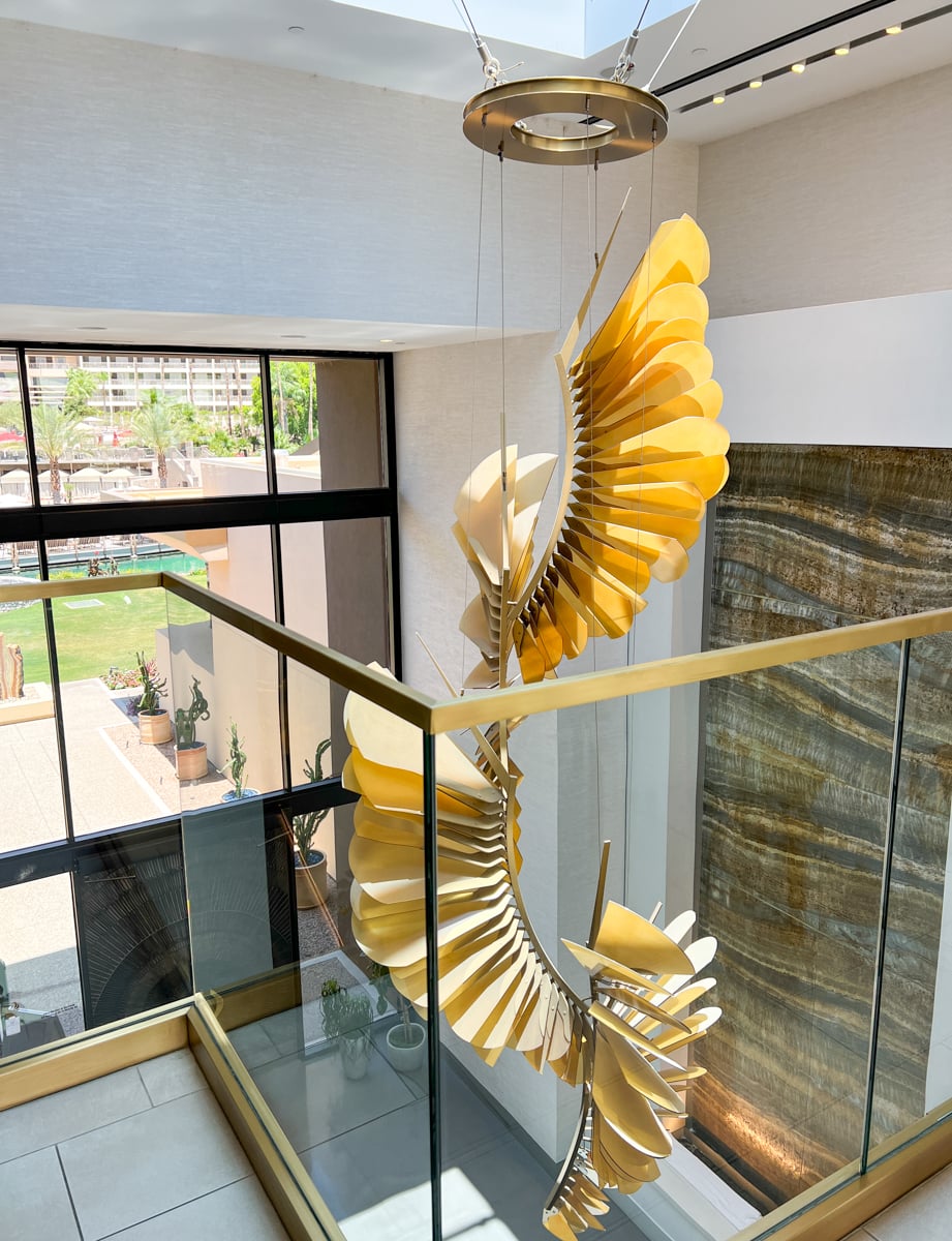 Sculpture of the resort's symbol, a phoenix bird hanging from The Phoenician Spa's lobby 