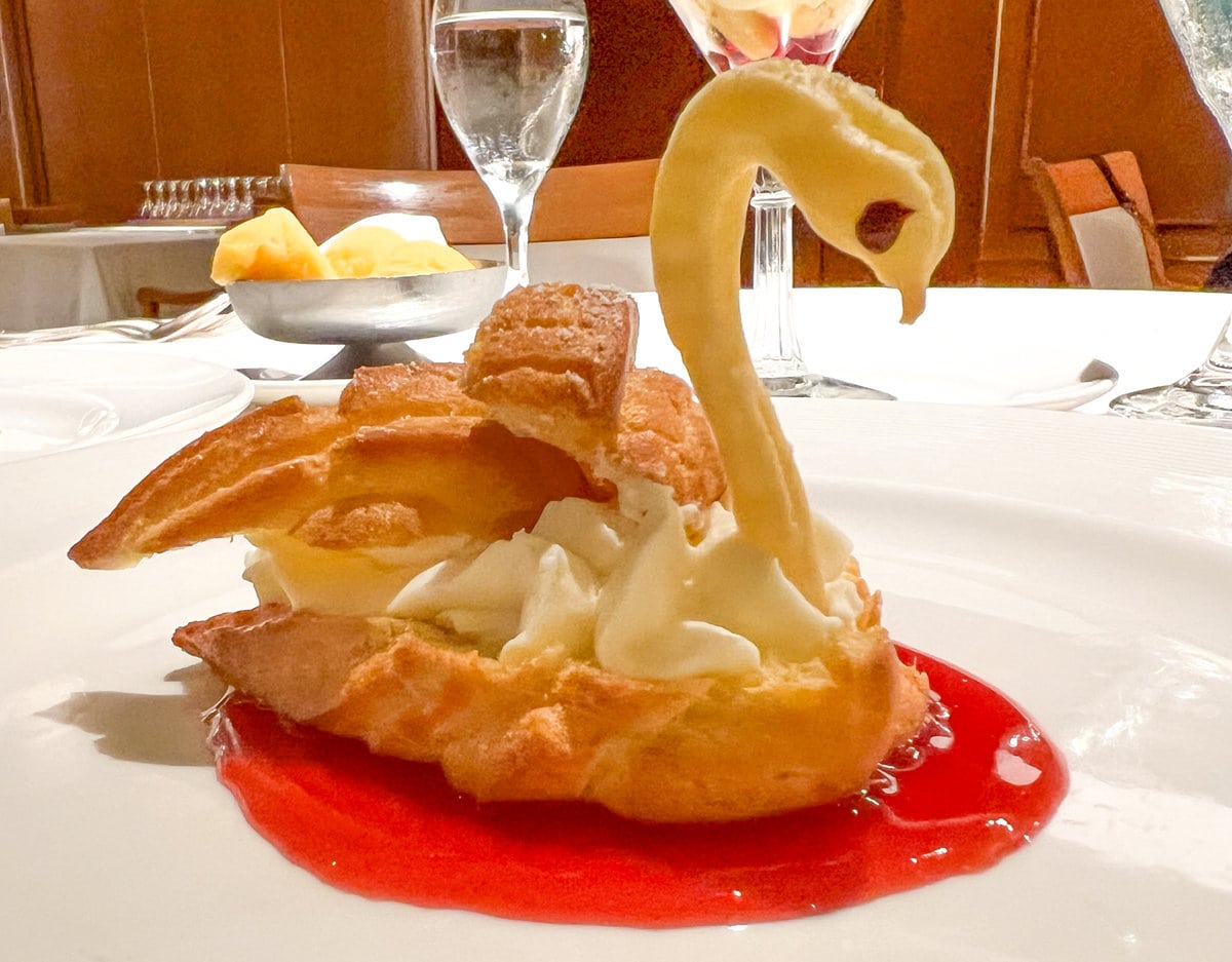 Main Dining dessert, Chantilly Swan with raspberry sauce