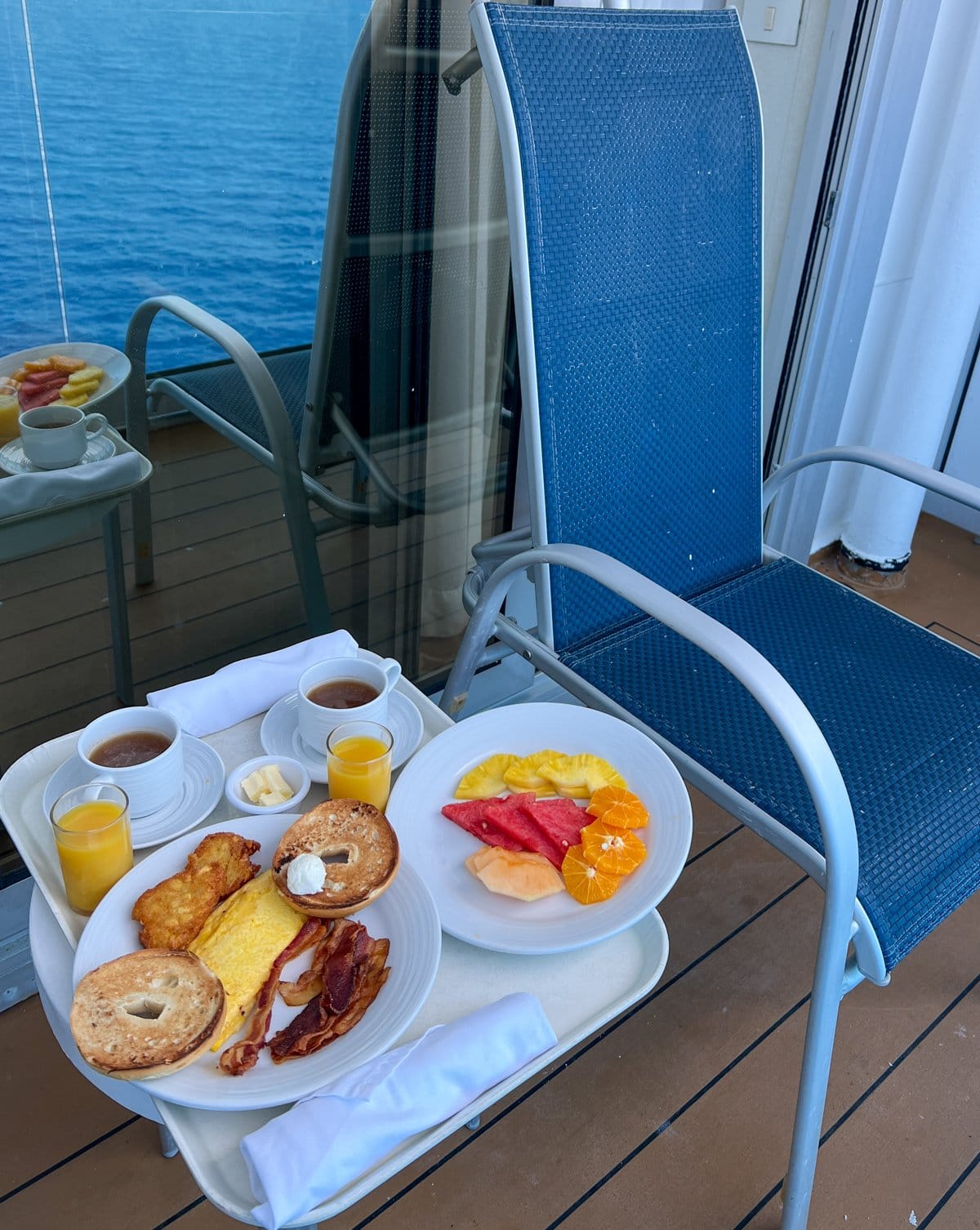 Room service breakfast for two on our Princess Cruise ship balcony 