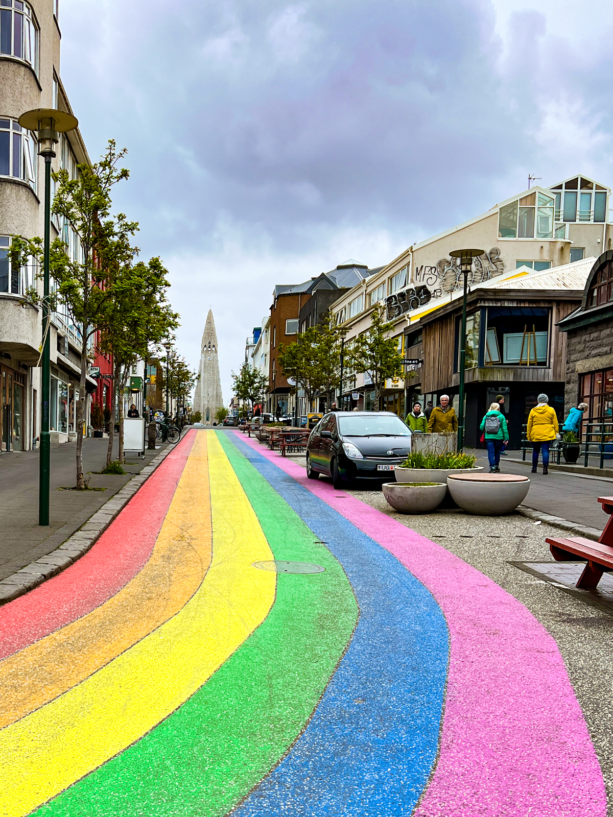 Reykjavik's Rainbow Street with Hallgrimskirkja at the top