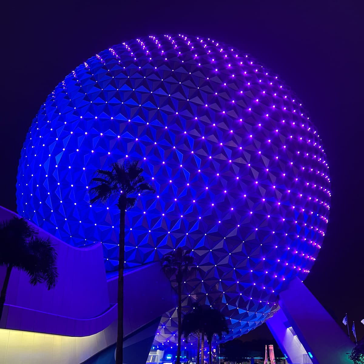 Spaceship Earth at Epcot at night 