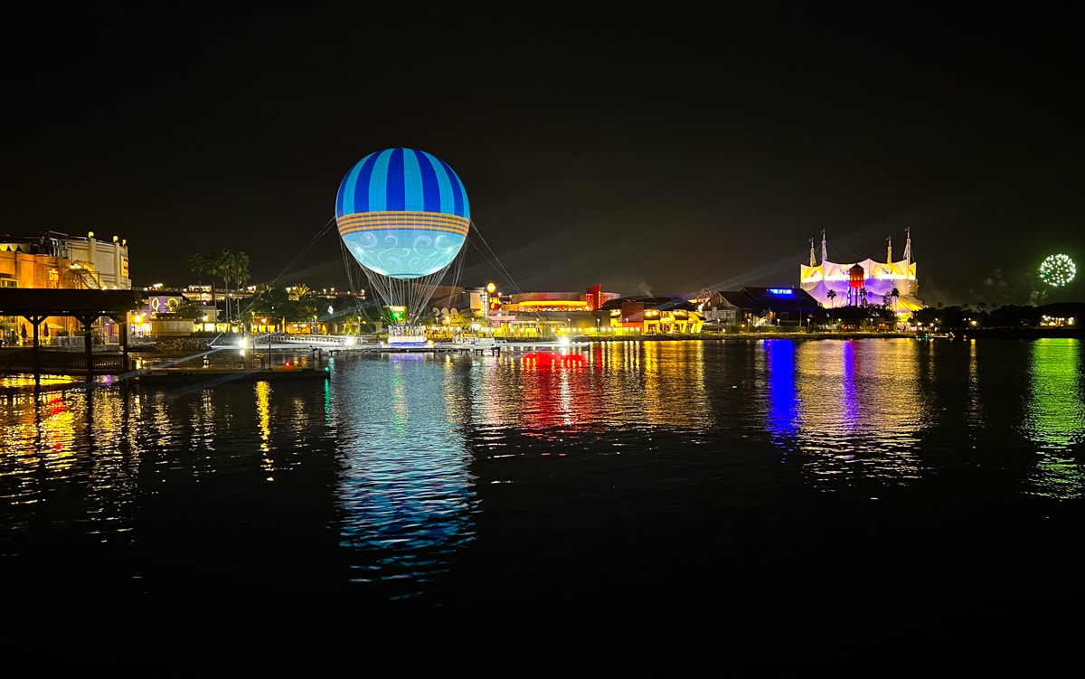 View of Lake Buena Vista and Disney fireworks from The Boathouse's Dockside Bar