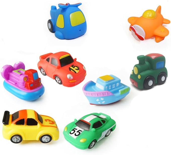 TOYMYTOY Bath Swimming Toys, 8 Assorted Mini Pool Toys 3 Racing Car + Train + Boat + Hovercraft + Helicopter + Fighter