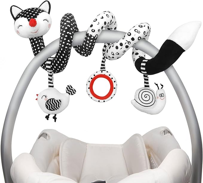 Euyecety Baby Spiral Plush Black White Stroller Toy Stretch & Spiral Activity Toy for traveling toddlers