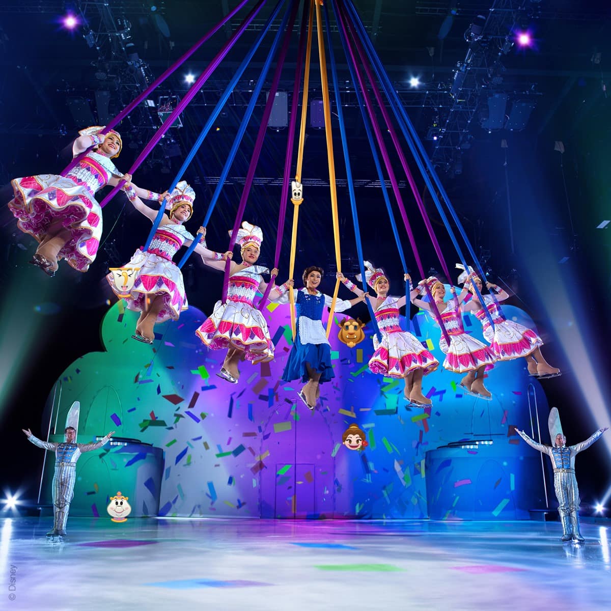 Beauty and the Beast characters performing aerial acrobatics in Disney on Ice