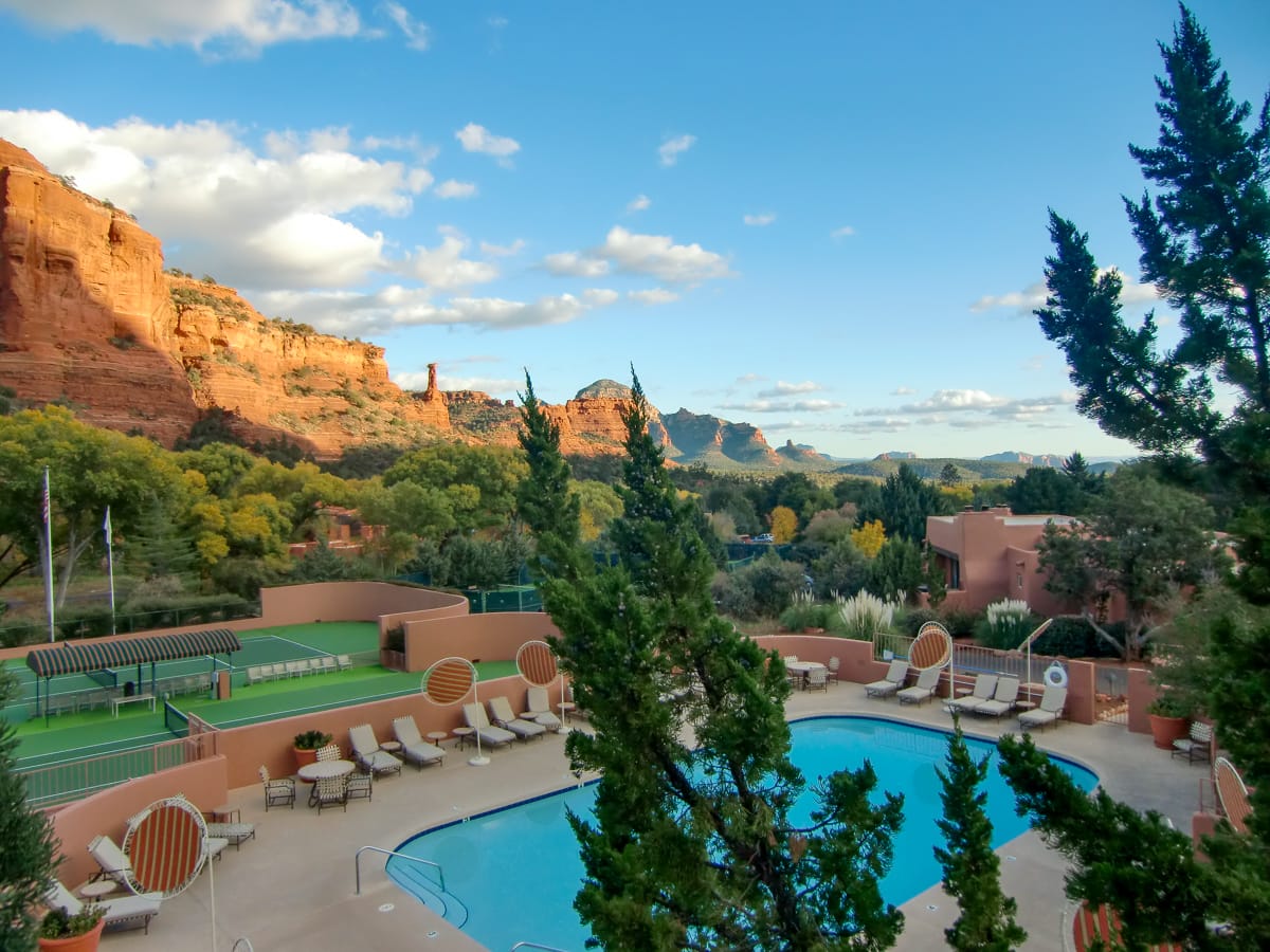 Enchantment Resort's pool, surrounded by by Sedona's beautiful red rocks