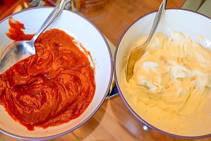 Curry ketchup and roasted garlic mayonnaise