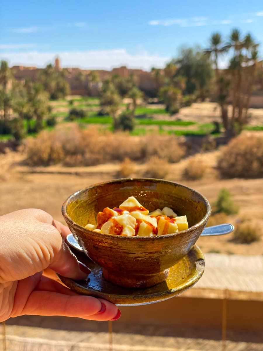 Fresh fruit served with yogurt and honey in Morocco 