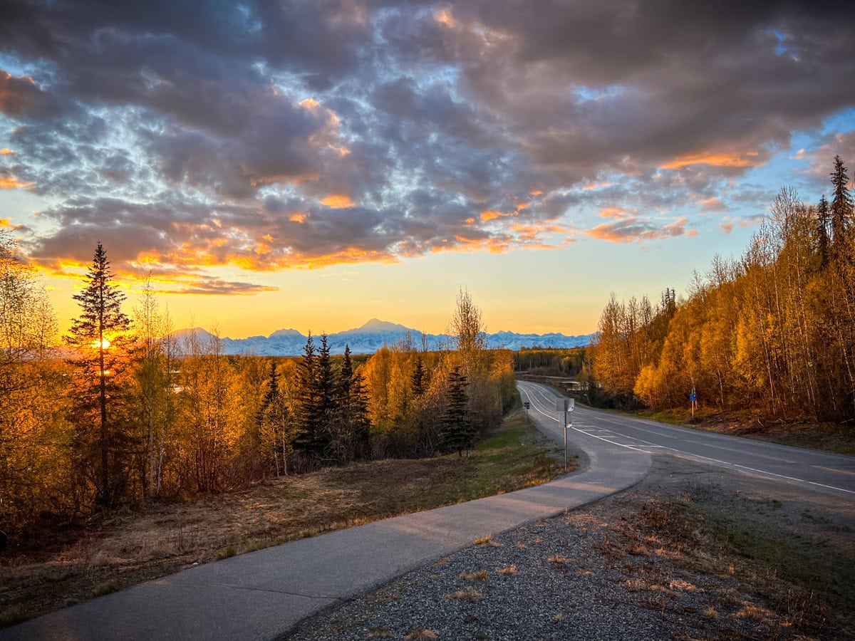 Sunset view of Denali and the Alaska Mountain Range in Talkeetna