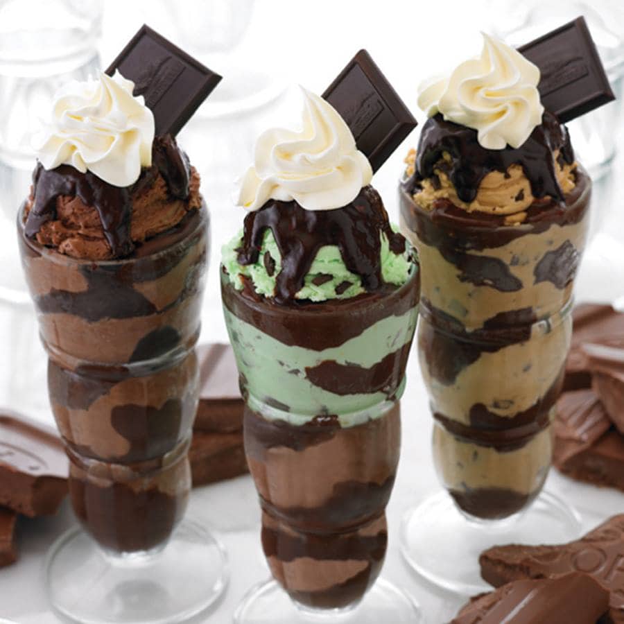 A trio of chocolate Ghirardelli sundaes 