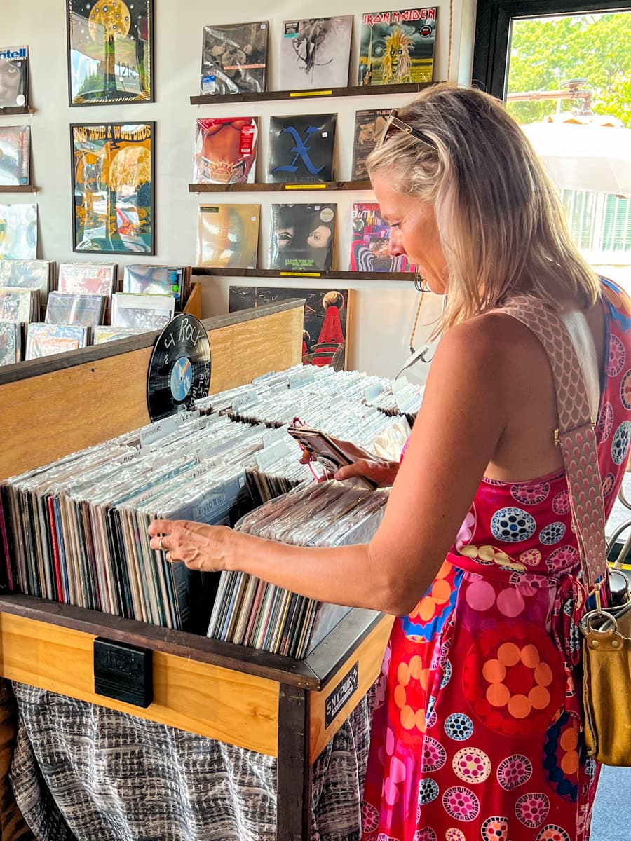 Caroline shopping for albums at Hunky Dory