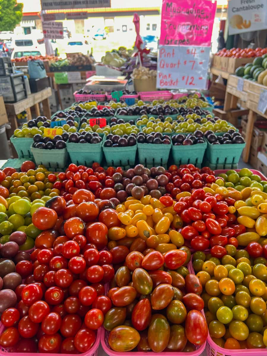 A variety of tomatoes and grapes for sale at State Farmers Market in Raleigh