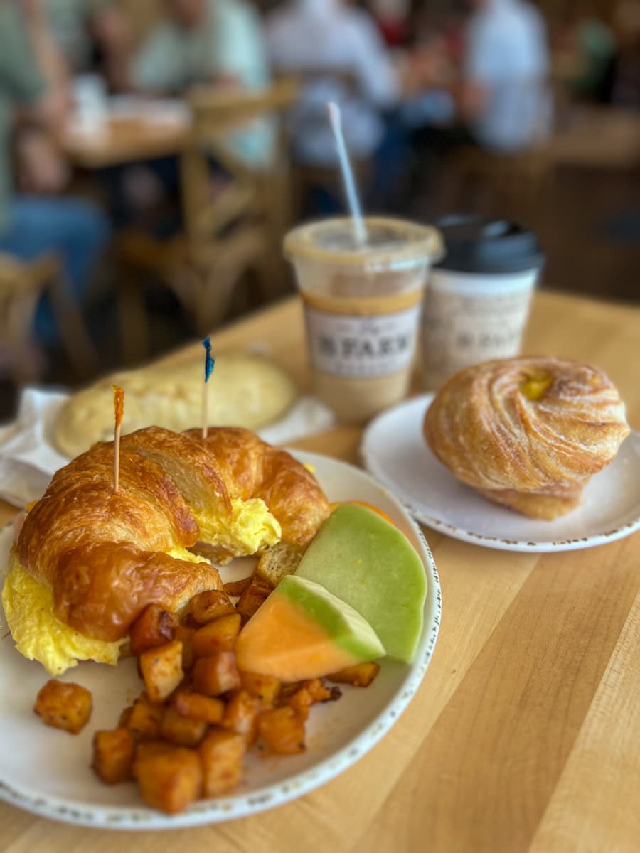 Breakfast sandwich, pastries, and coffees at La Farm Bakery & Cafe in Cary, NC