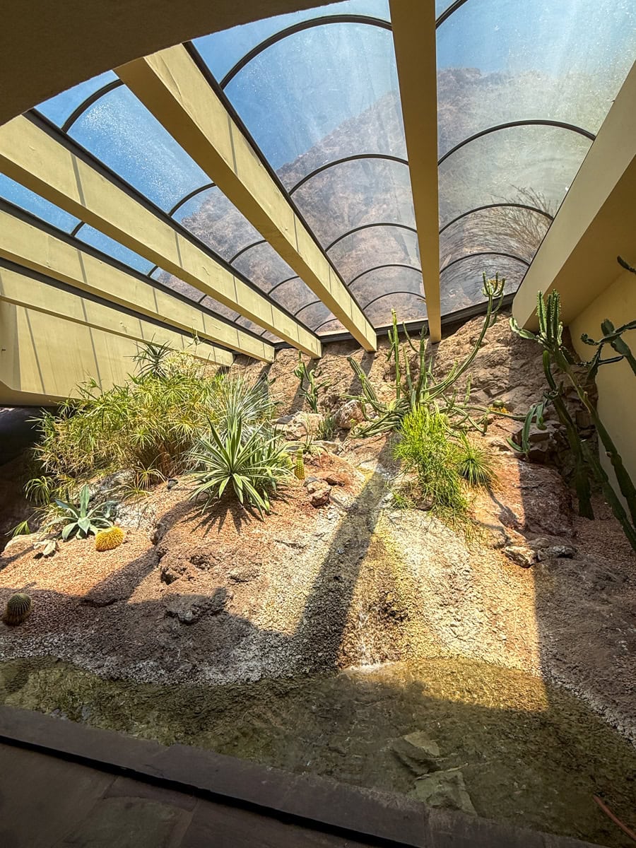 Unique lobby reception at The Buttes with mountain view and indoor waterfall