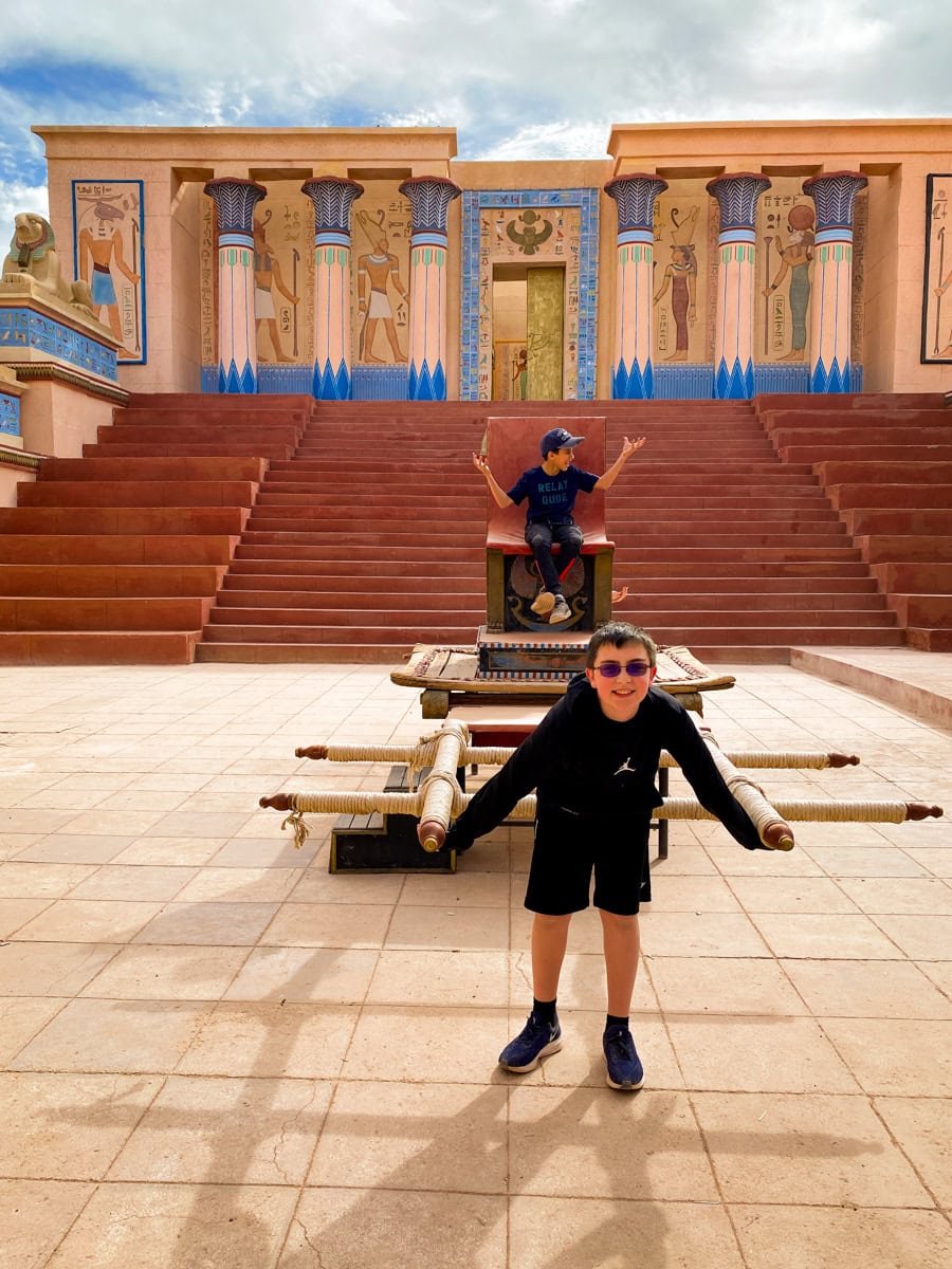 My son and a new friend at Atlas Studios during our Morocco tour
