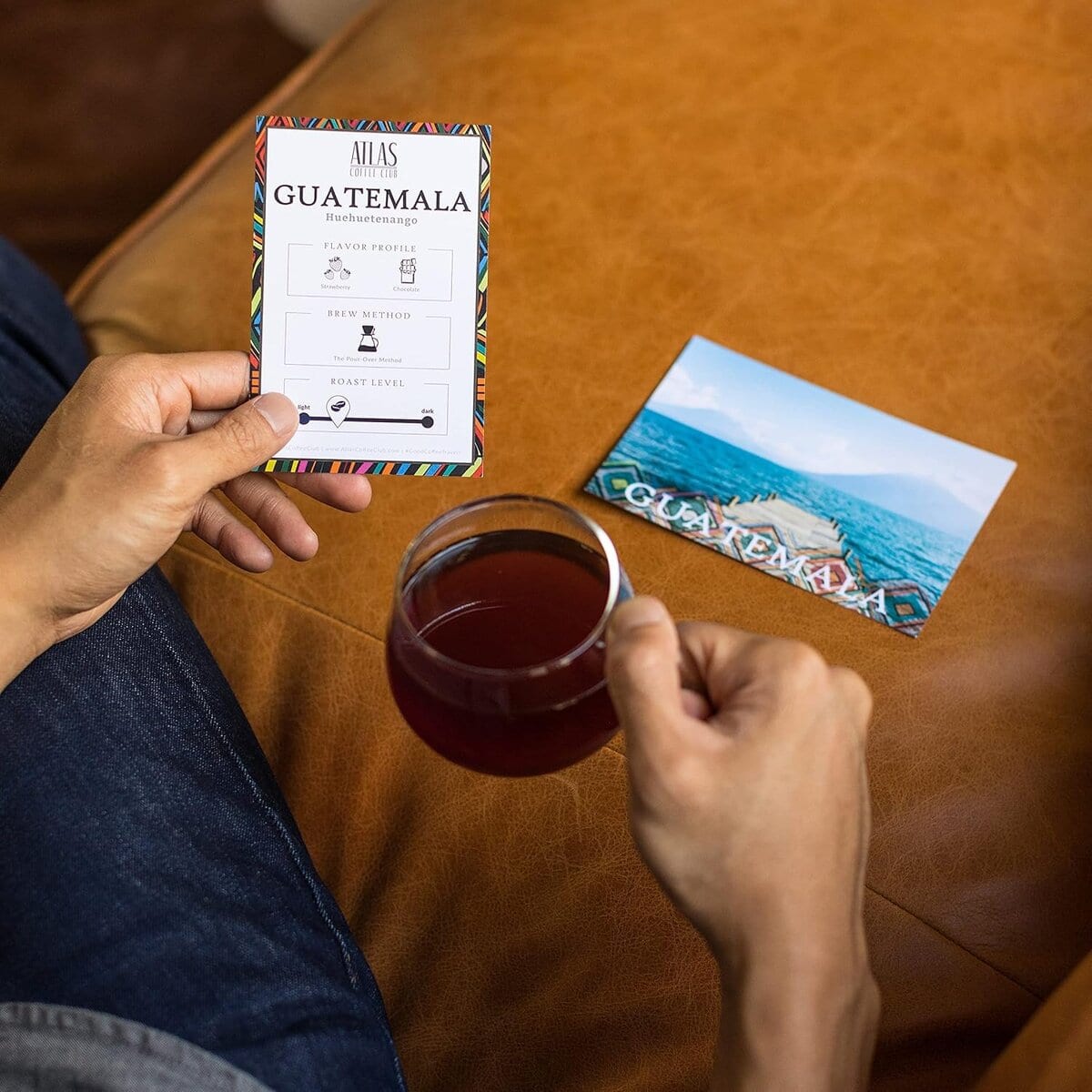 A warm cup of coffee from the Atlas Coffee Club World of Coffee Discovery Set for travel lovers