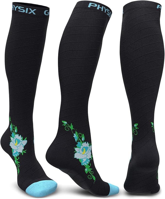 Physix Gear Compression Socks for women in Black/Blue Flower for airplane travel