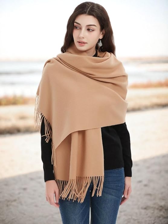 Novawo Wool Shawl Large Thick Pashmina Travel Blanket Scarf in Tan for chic travelers
