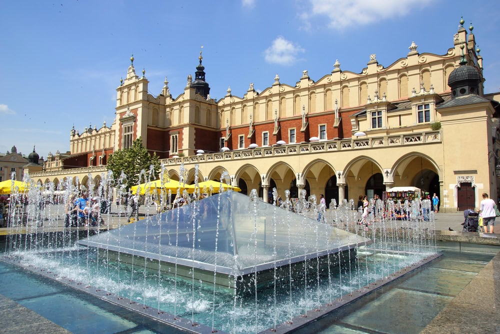Fountain in front of Krakow's Old Sloth Hall in the Main Market Square