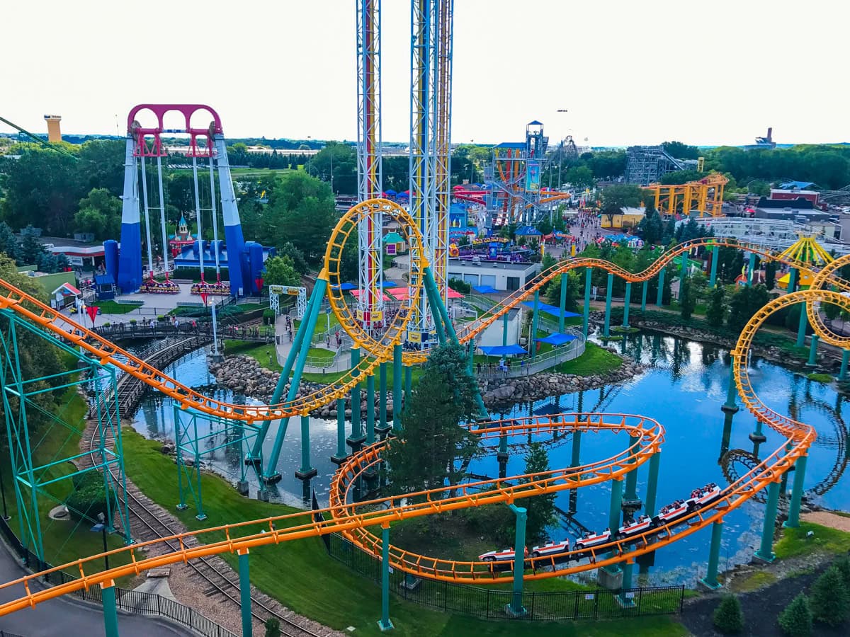 Corkscrew roller coaster and other rides at Valleyfair