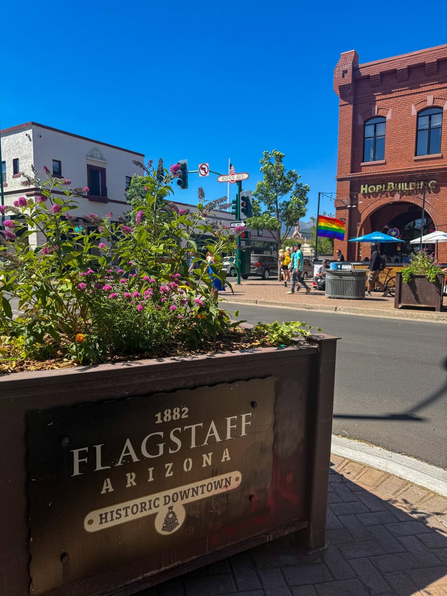 Planter with Flagstaff sign on it in Historic Downtown Flagstaff