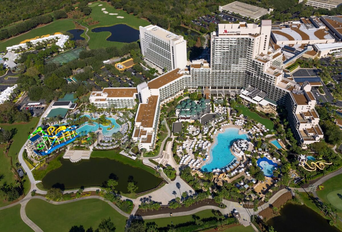Aerial view of Orlando World Center Marriott's pools